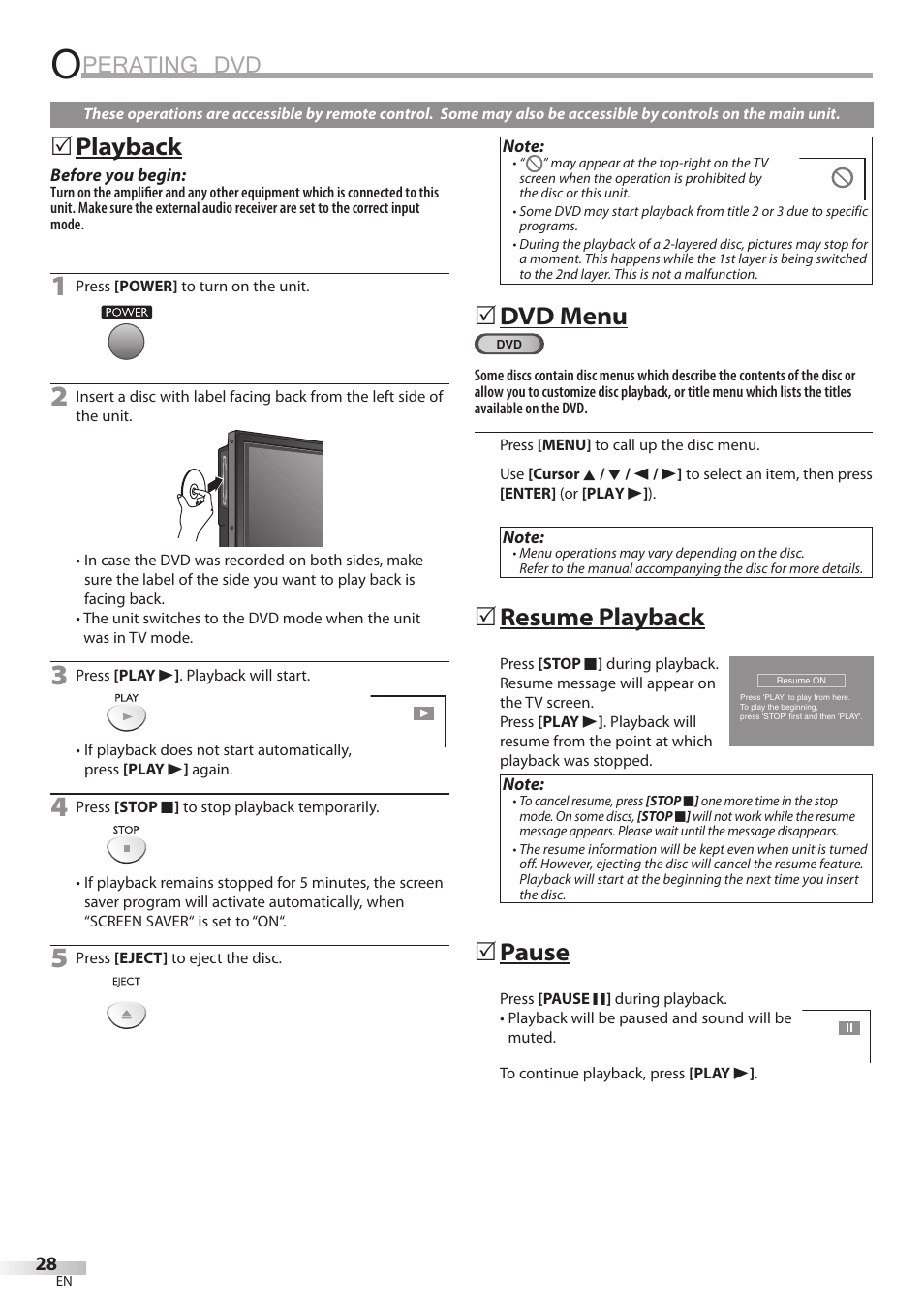 Perating dvd, Playback, Dvd menu | Resume playback, Pause | Emerson LD200EM8 User Manual | Page 28 / 48