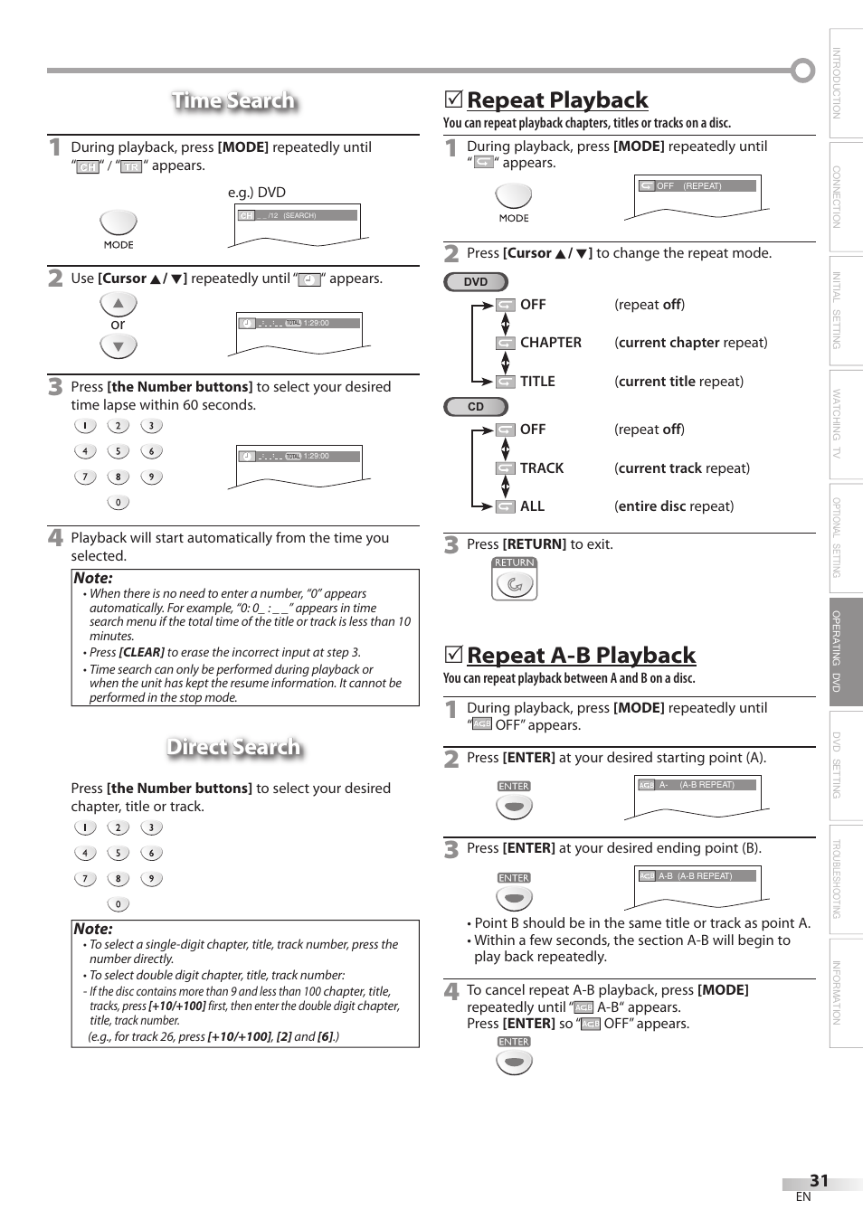 Time search, Direct search, Repeat playback | Repeat a-b playback | Emerson LD200EM8 User Manual | Page 31 / 48