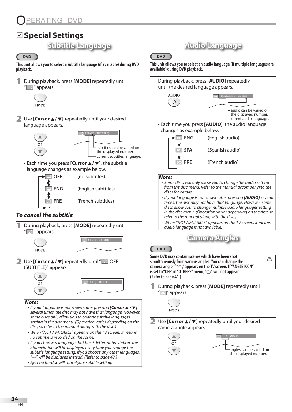 Perating dvd, 5audio language audio language, Camera angles | Emerson LD200EM8 User Manual | Page 34 / 48