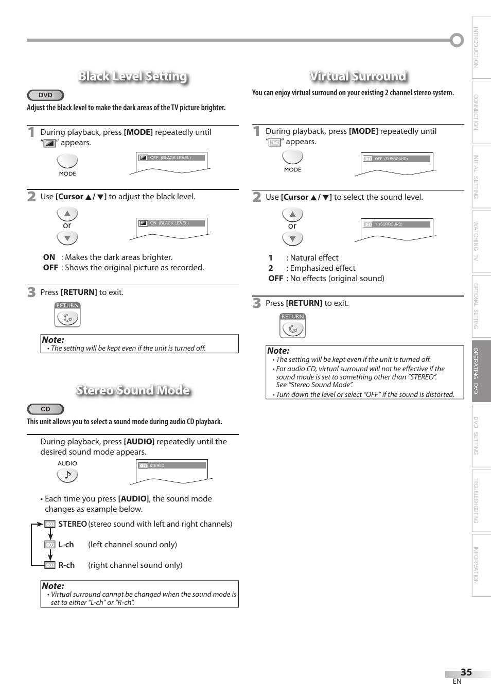 Black level setting, Stereo sound mode, Virtual surround | Emerson LD200EM8 User Manual | Page 35 / 48