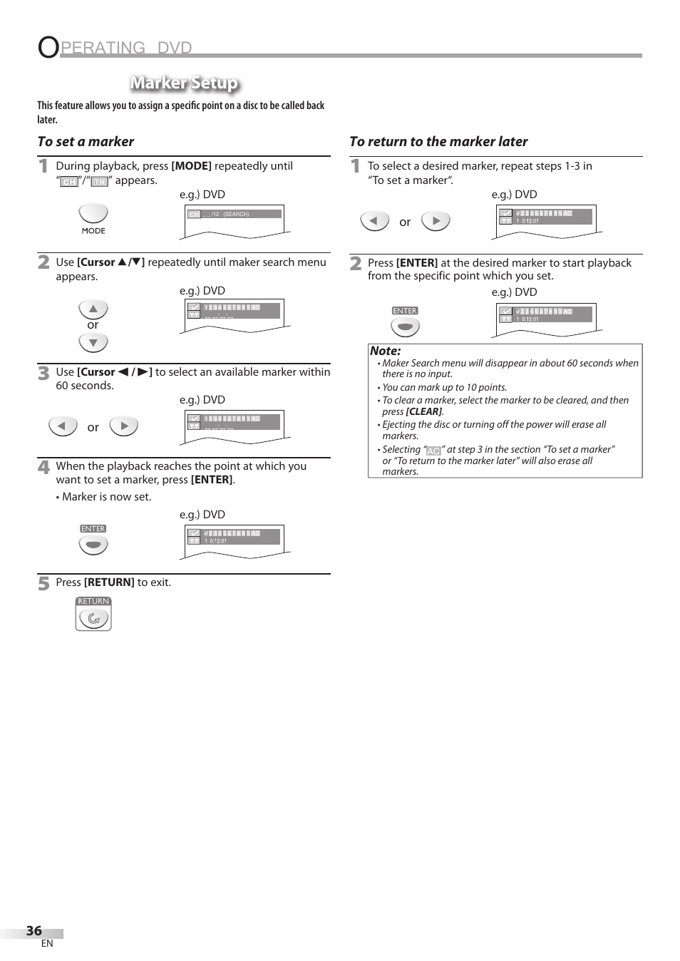 Perating dvd, Marker setup | Emerson LD200EM8 User Manual | Page 36 / 48