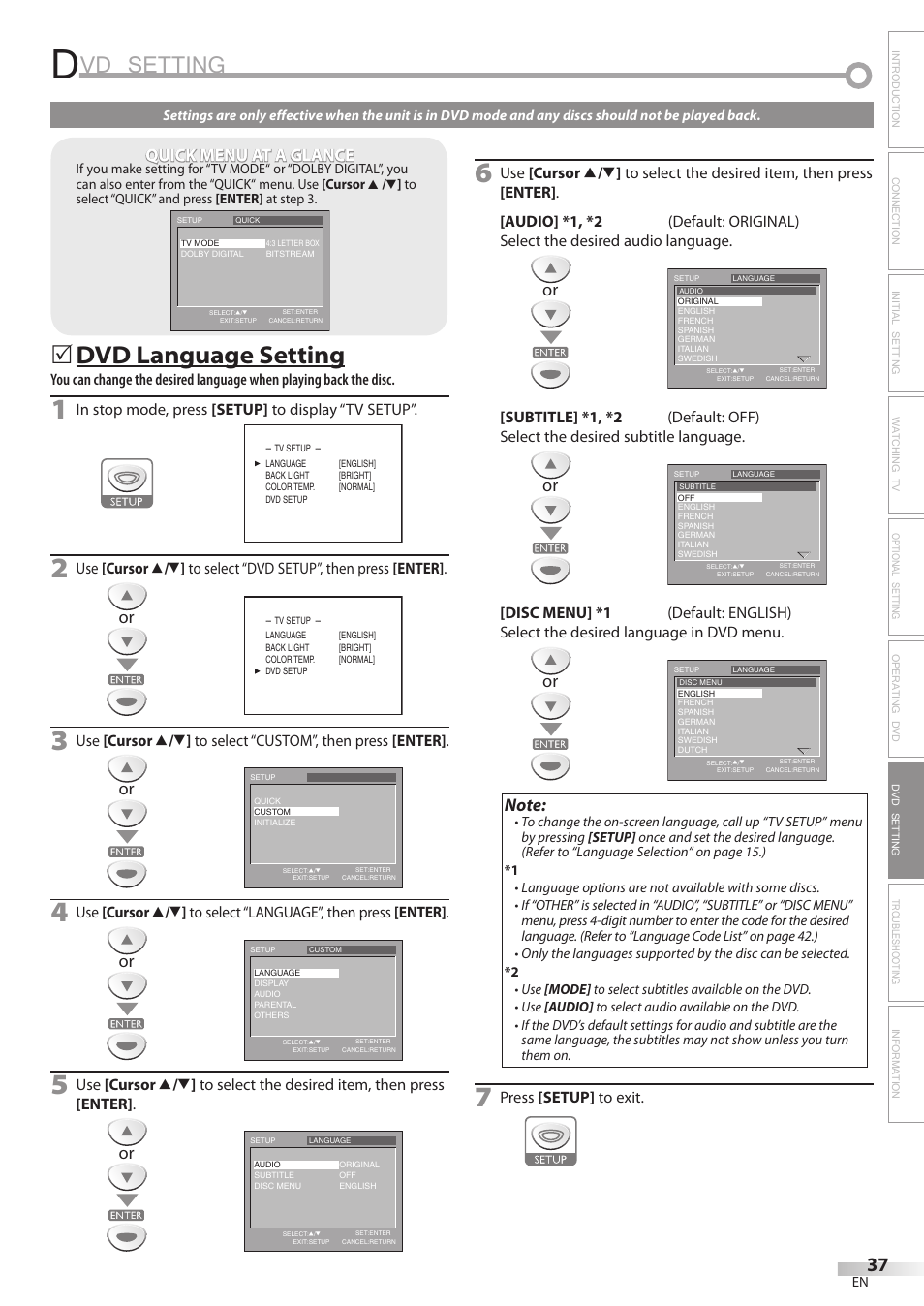 Vd setting, Dvd language setting, Quick menu at a glance | Emerson LD200EM8 User Manual | Page 37 / 48