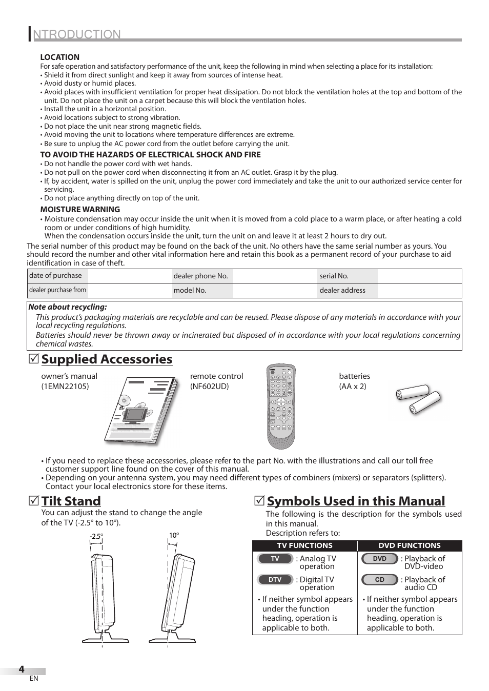 Ntroduction, Supplied accessories 5, Tilt stand | 5symbols used in this manual 5 | Emerson LD200EM8 User Manual | Page 4 / 48