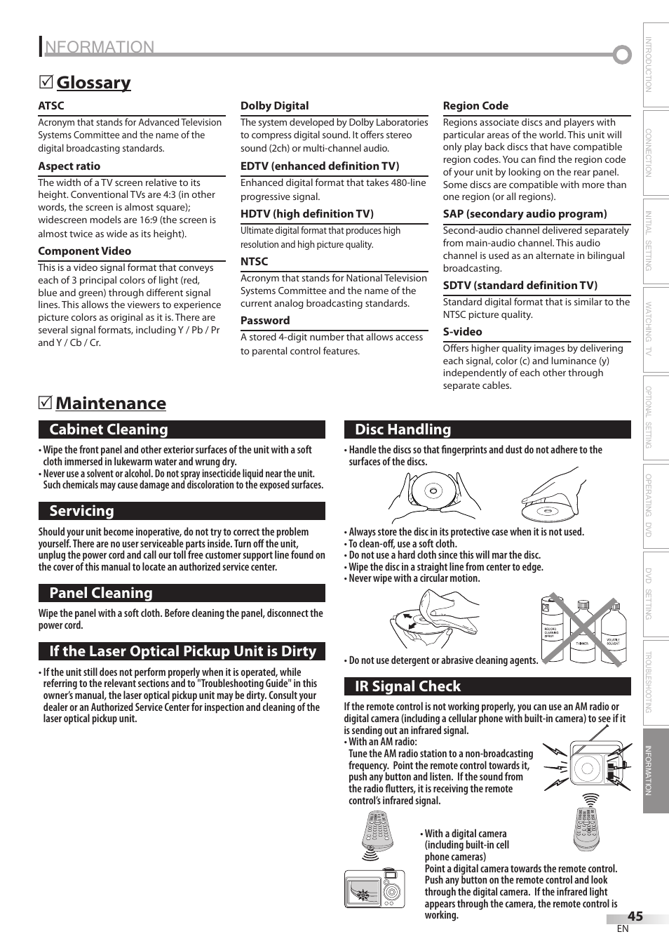 Nformation, Maintenance 5 glossary 5, Cabinet cleaning | Servicing, Panel cleaning, If the laser optical pickup unit is dirty, Disc handling, Ir signal check | Emerson LD200EM8 User Manual | Page 45 / 48