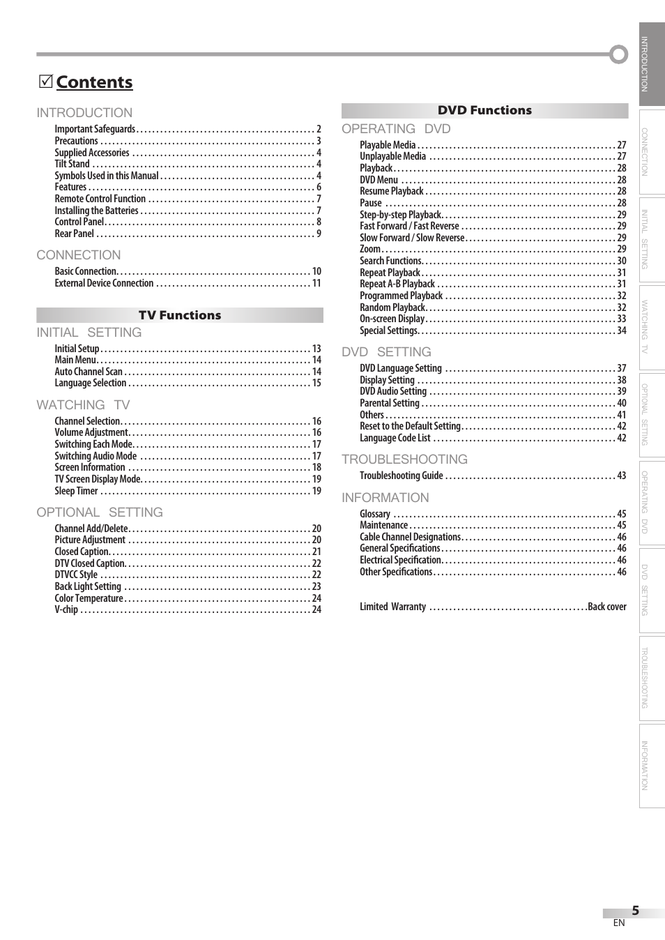 Introduction, Connection, Initial setting | Watching tv, Optional setting, Operating dvd, Dvd setting, Troubleshooting, Information, Contents 5 | Emerson LD200EM8 User Manual | Page 5 / 48