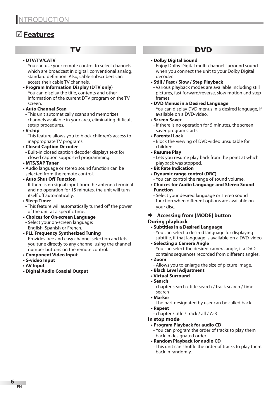 Ntroduction, Features 5 tv dvd | Emerson LD200EM8 User Manual | Page 6 / 48