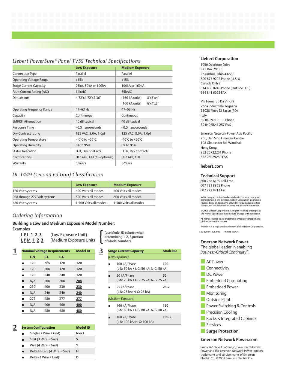 Lieber t powersure, Panel t vss technical specifications, Ul 1449 (second edition) classification | Ordering information | Emerson PowerSure Panel TVSS User Manual | Page 2 / 2