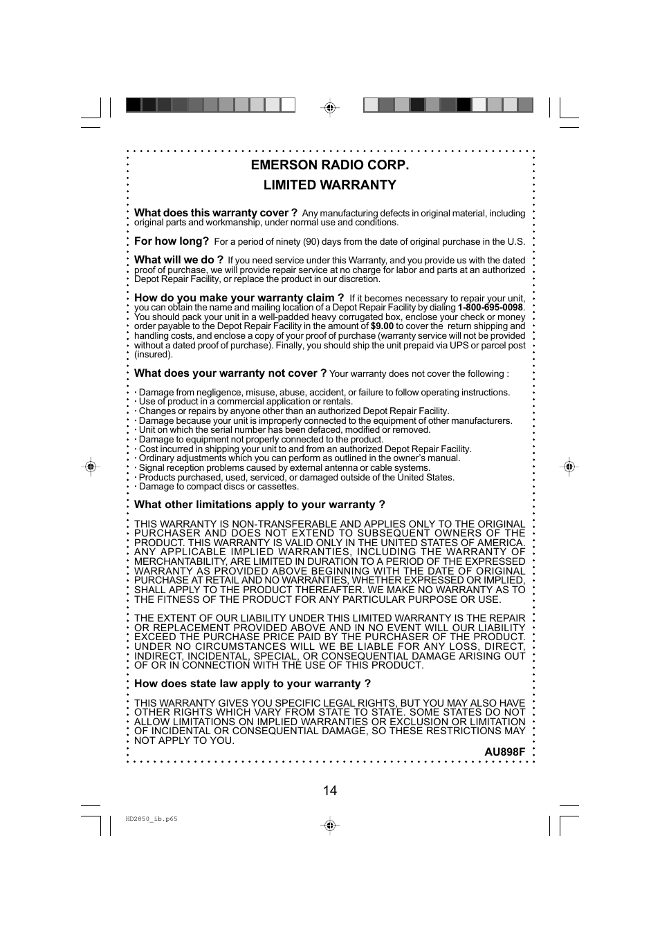 14 emerson radio corp. limited warranty | Emerson Radio HD2850 User Manual | Page 15 / 16