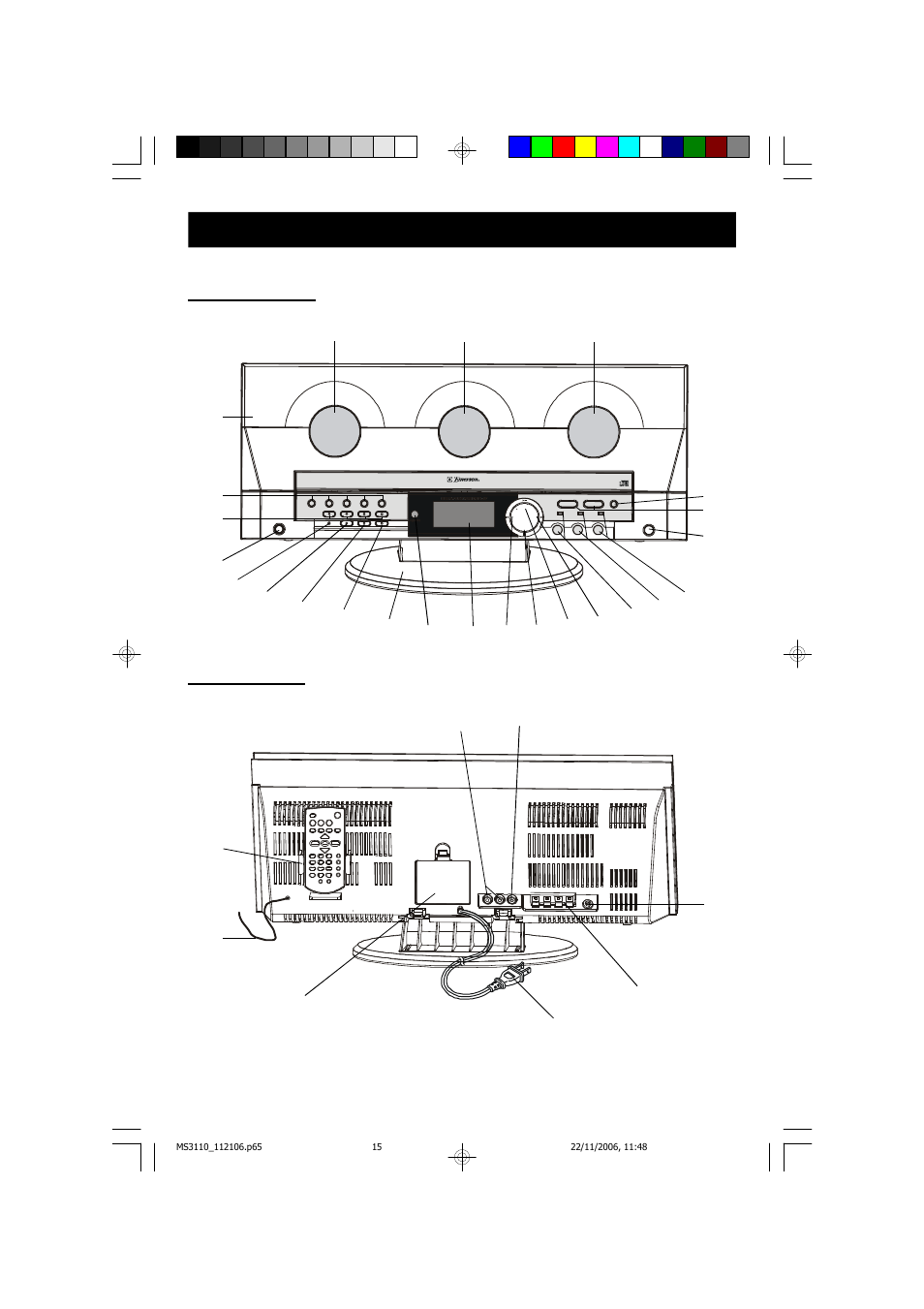 Location of controls and indicators, Front panel back panel, Play/ pause skip- skip+ stop | Vo l - d o w n, Mu t e | Emerson Radio MS3110 User Manual | Page 16 / 44