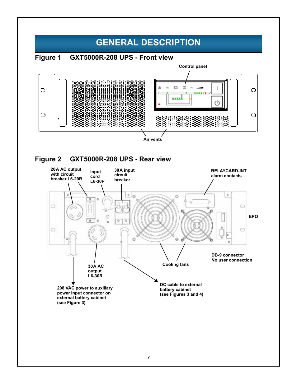 General description, Figure 1 gxt5000r-208 ups - front view, Figure 2 gxt5000r-208 ups - rear view | Eneral, Escription, Gxt5000r-208 ups - front view, Figure 2, Gxt5000r-208 ups - rear view | Emerson LIEBERT GXT5000R-208 User Manual | Page 11 / 32