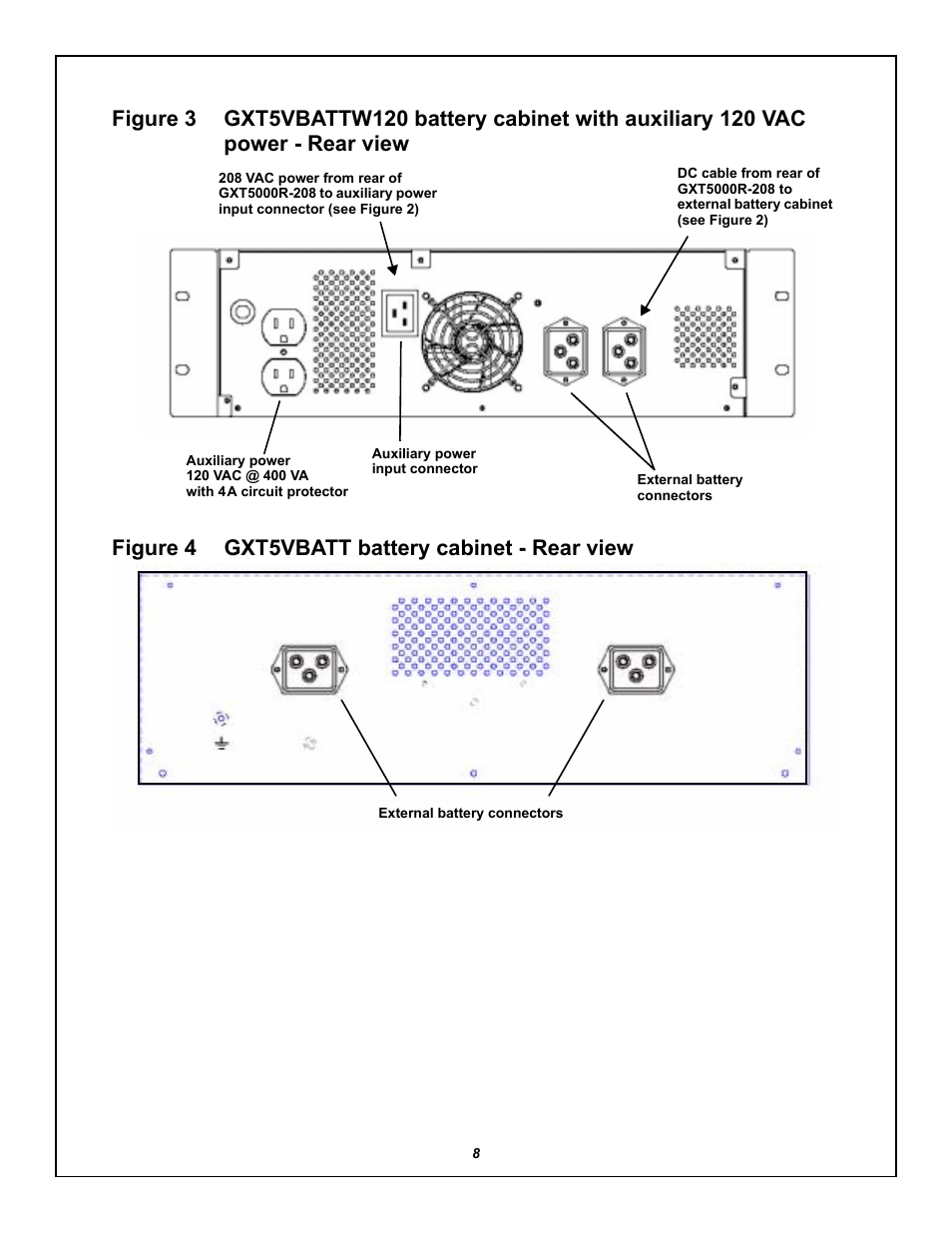 Figure 4 gxt5vbatt battery cabinet - rear view, Figure 3, Figure 4 | Gxt5vbatt battery cabinet - rear view | Emerson LIEBERT GXT5000R-208 User Manual | Page 12 / 32