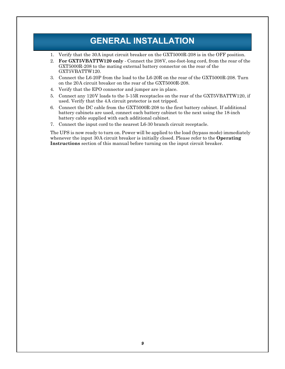 General installation, Eneral, Nstallation | Emerson LIEBERT GXT5000R-208 User Manual | Page 13 / 32