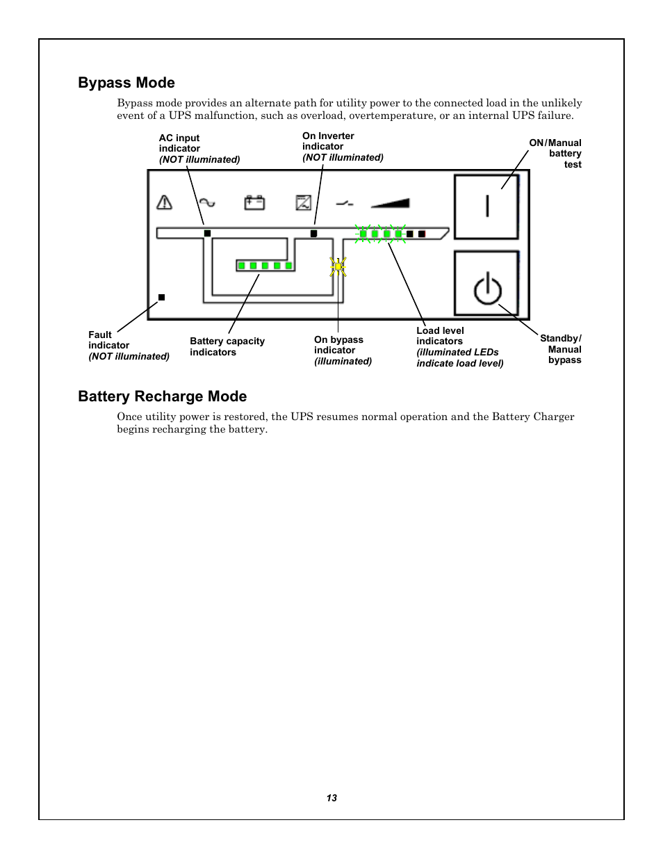 Bypass mode, Battery recharge mode, Bypass mode battery recharge mode | Emerson LIEBERT GXT5000R-208 User Manual | Page 17 / 32