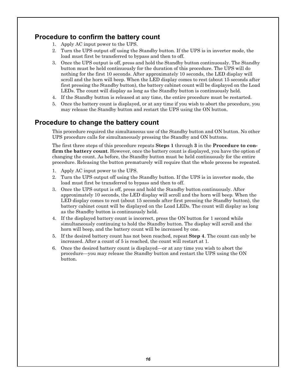 Procedure to confirm the battery count, Procedure to change the battery count | Emerson LIEBERT GXT5000R-208 User Manual | Page 20 / 32