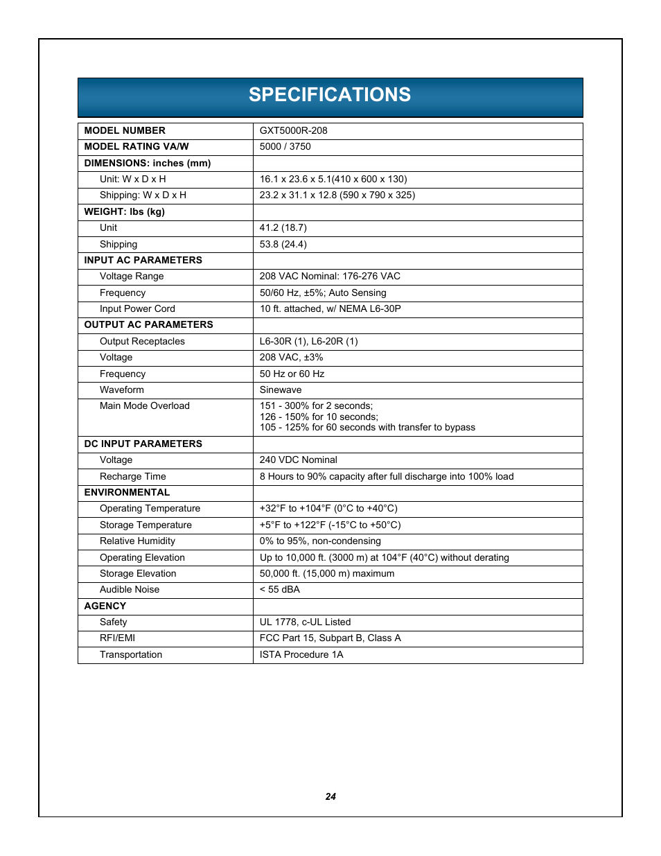 Specifications, Pecifications | Emerson LIEBERT GXT5000R-208 User Manual | Page 28 / 32