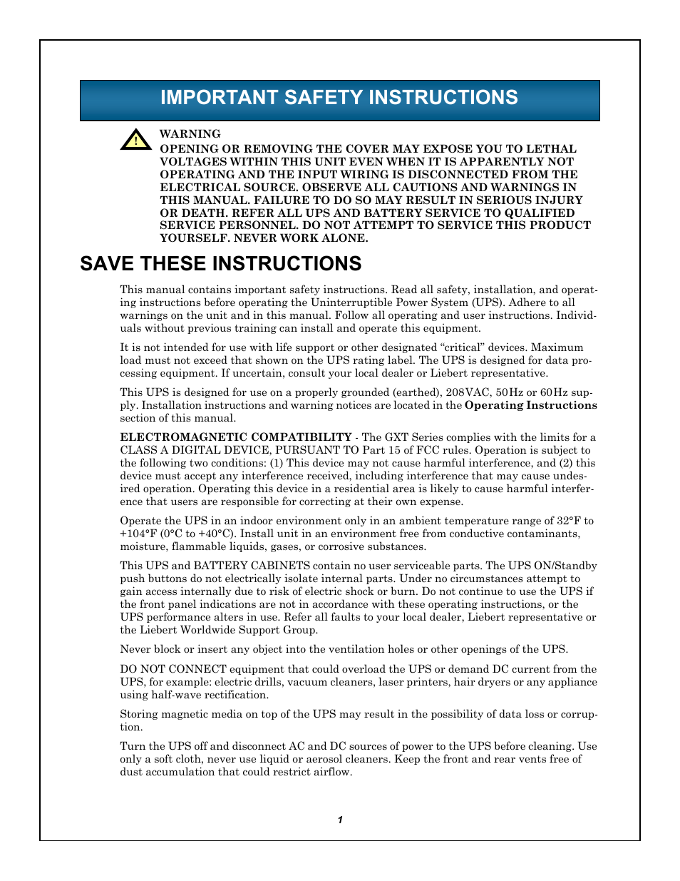 Important safety instructions, Mportant, Afety | Nstructions | Emerson LIEBERT GXT5000R-208 User Manual | Page 5 / 32