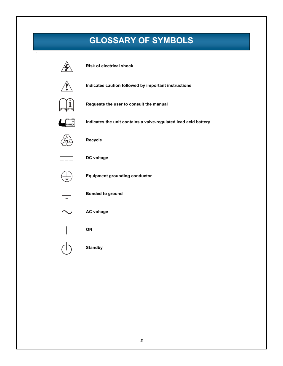 Glossary of symbols, Lossary, Ymbols | Emerson LIEBERT GXT5000R-208 User Manual | Page 7 / 32