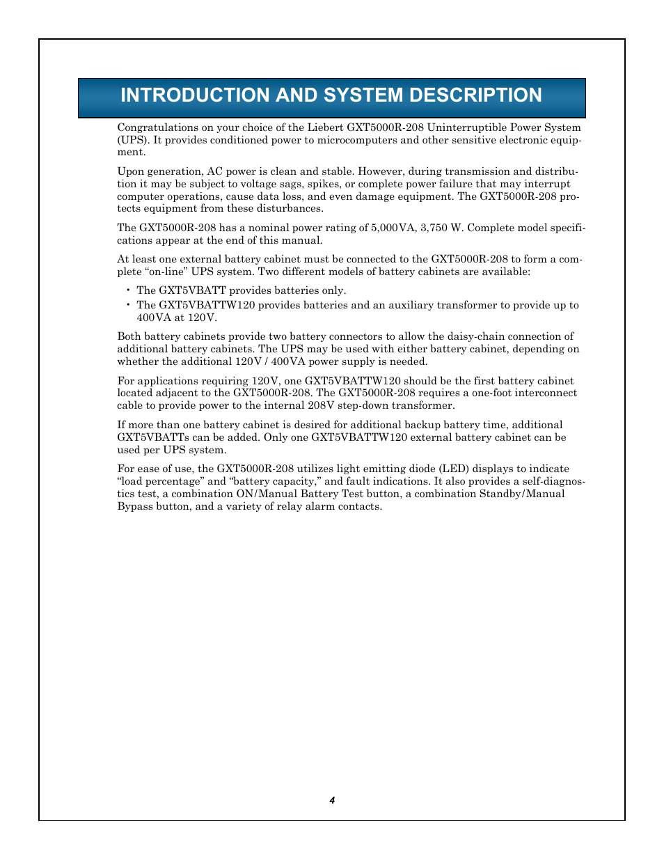 Introduction and system description, Ntroduction, Ystem | Escription | Emerson LIEBERT GXT5000R-208 User Manual | Page 8 / 32