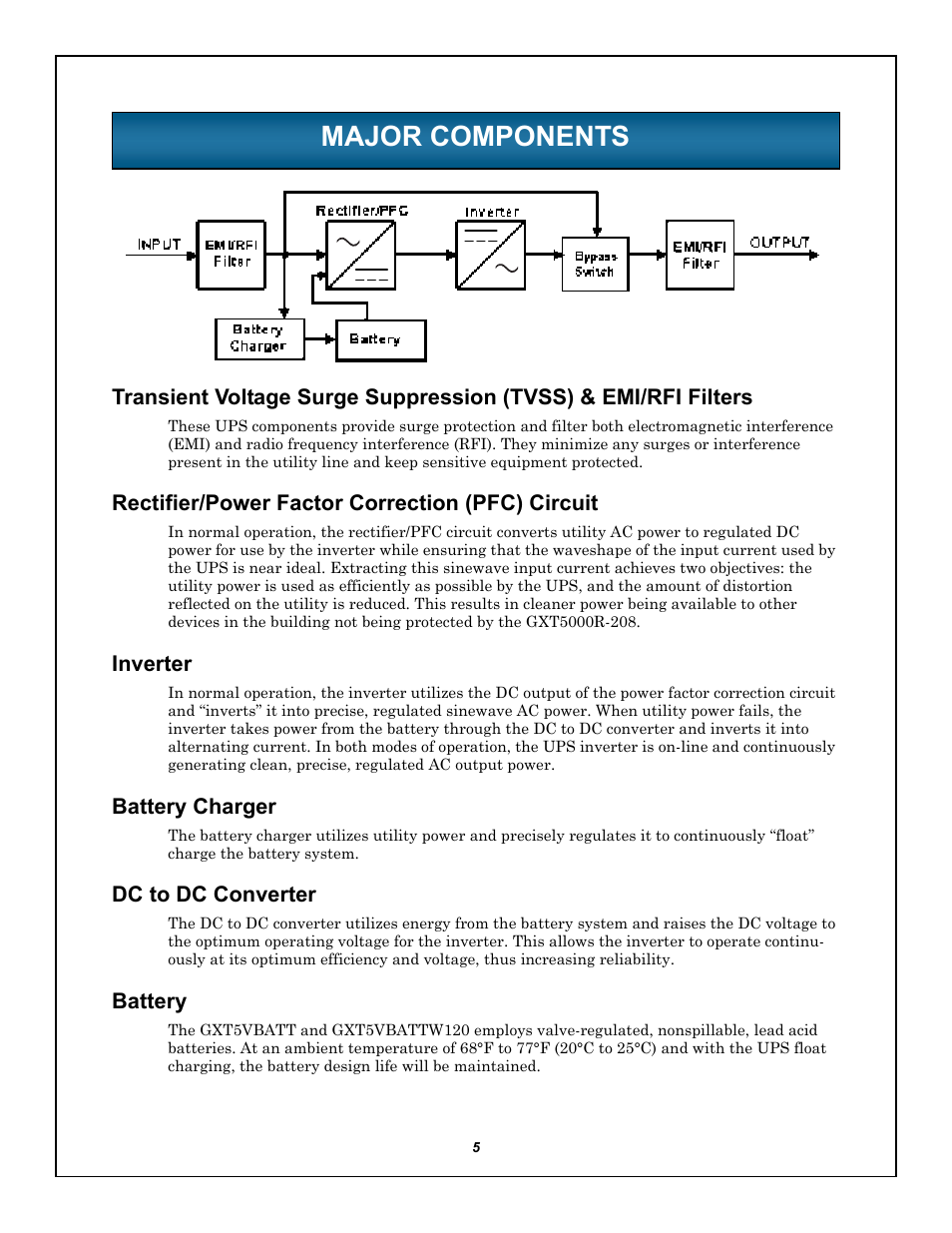 Major components, Rectifier/power factor correction (pfc) circuit, Inverter | Battery charger, Dc to dc converter, Battery, Ajor, Omponents | Emerson LIEBERT GXT5000R-208 User Manual | Page 9 / 32