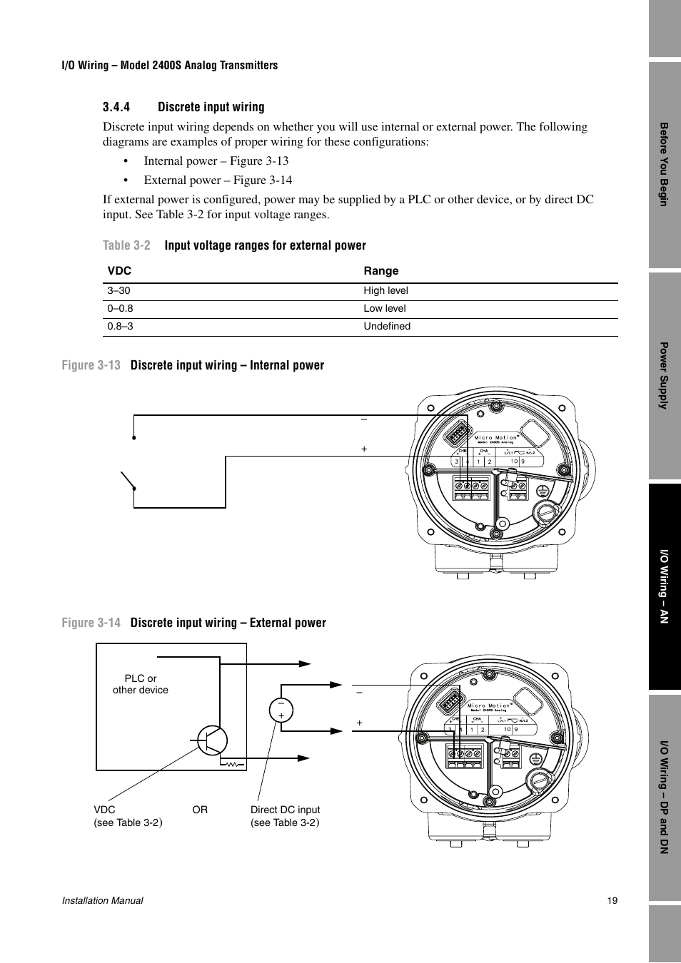 4 discrete input wiring, Discrete input wiring, Ee section 3.4.4 | Emerson 2400S User Manual | Page 23 / 44