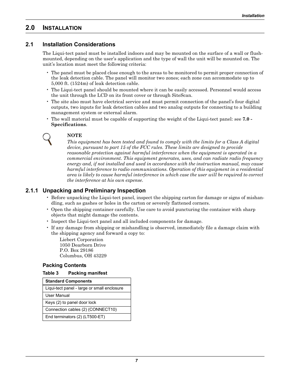 0 installation, 1 installation considerations, 1 unpacking and preliminary inspection | Packing contents, Table 3 packing manifest, Nstallation, Installation considerations, Unpacking and preliminary inspection, Table 3, Packing manifest | Emerson Liqui-tect MC68HC16Z1 User Manual | Page 11 / 48