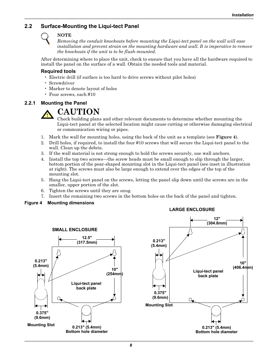 2 surface-mounting the liquitect panel, Required tools, 1 mounting the panel | Figure 4 mounting dimensions, Surface-mounting the liqui-tect panel, Mounting the panel, Figure 4, Mounting dimensions, Caution | Emerson Liqui-tect MC68HC16Z1 User Manual | Page 12 / 48