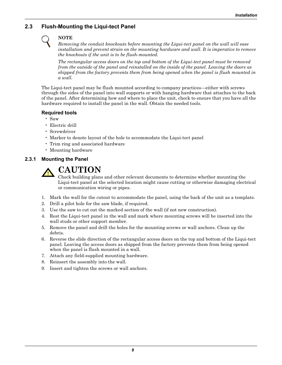 3 flush-mounting the liquitect panel, Required tools, 1 mounting the panel | Flush-mounting the liqui-tect panel, Mounting the panel, Caution | Emerson Liqui-tect MC68HC16Z1 User Manual | Page 13 / 48