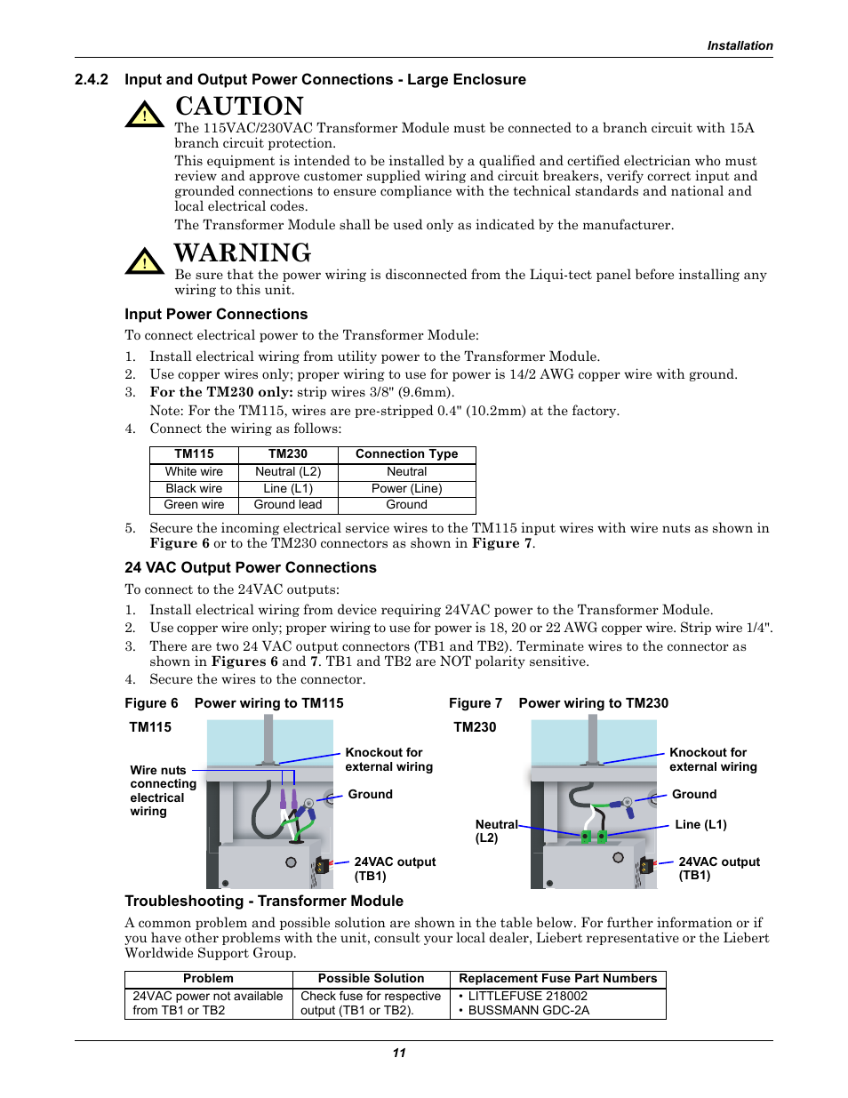 Input power connections, 24 vac output power connections, Figure 6 power wiring to tm115 | Figure 7 power wiring to tm230, Troubleshooting - transformer module, Figure 6, Power wiring to tm115, Figure 7, Power wiring to tm230, Input and output power connections | Emerson Liqui-tect MC68HC16Z1 User Manual | Page 15 / 48