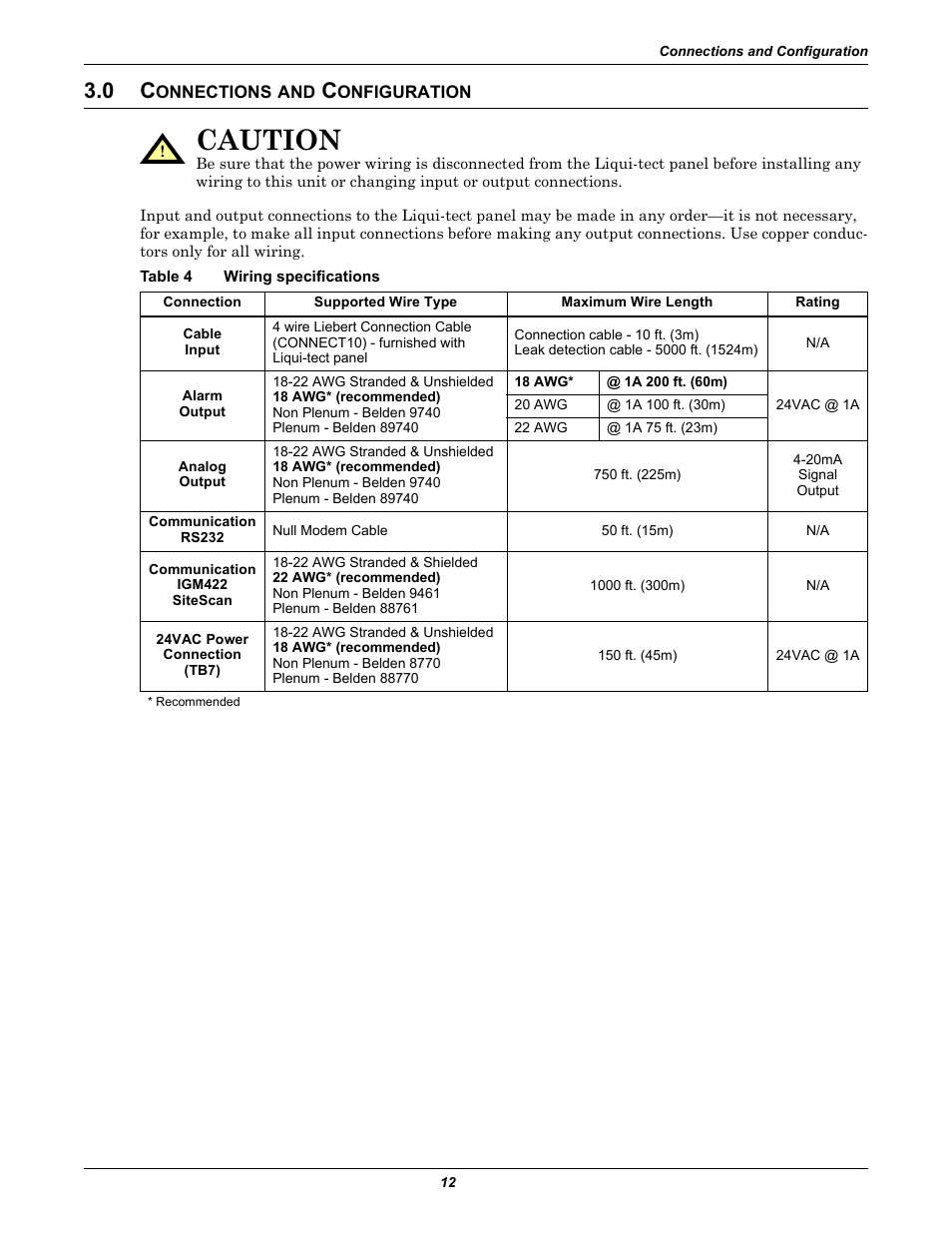 0 connections and configuration, Table 4 wiring specifications, Onnections | Onfiguration, Table 4, Wiring specifications, Connections and configuration, Caution | Emerson Liqui-tect MC68HC16Z1 User Manual | Page 16 / 48