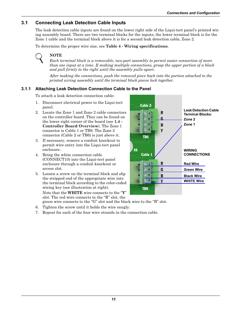 1 connecting leak detection cable inputs, Connecting leak detection cable inputs, Connecting leak detection cable | Inputs | Emerson Liqui-tect MC68HC16Z1 User Manual | Page 17 / 48