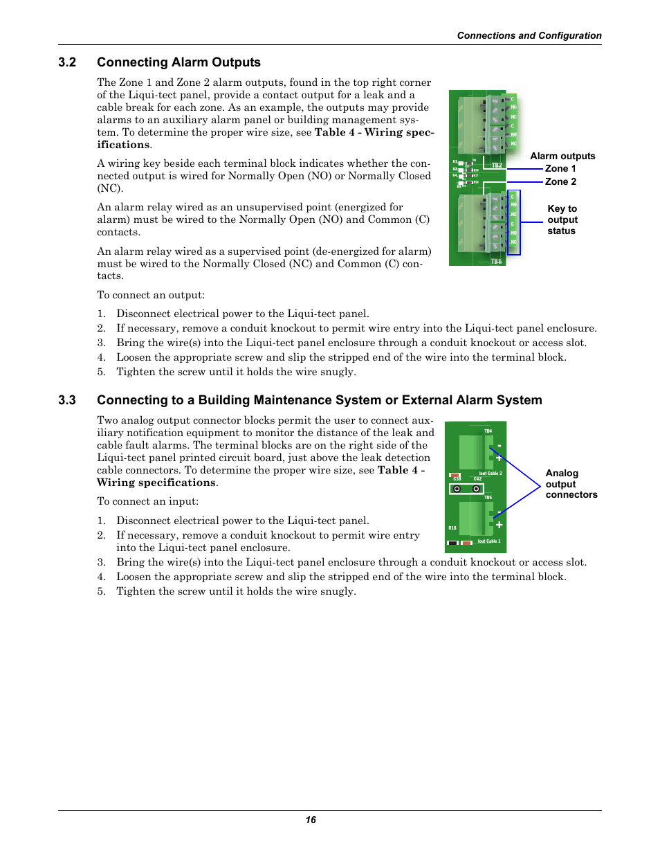 2 connecting alarm outputs, Connecting alarm outputs, Connecting to a building maintenance | System or external alarm system | Emerson Liqui-tect MC68HC16Z1 User Manual | Page 20 / 48