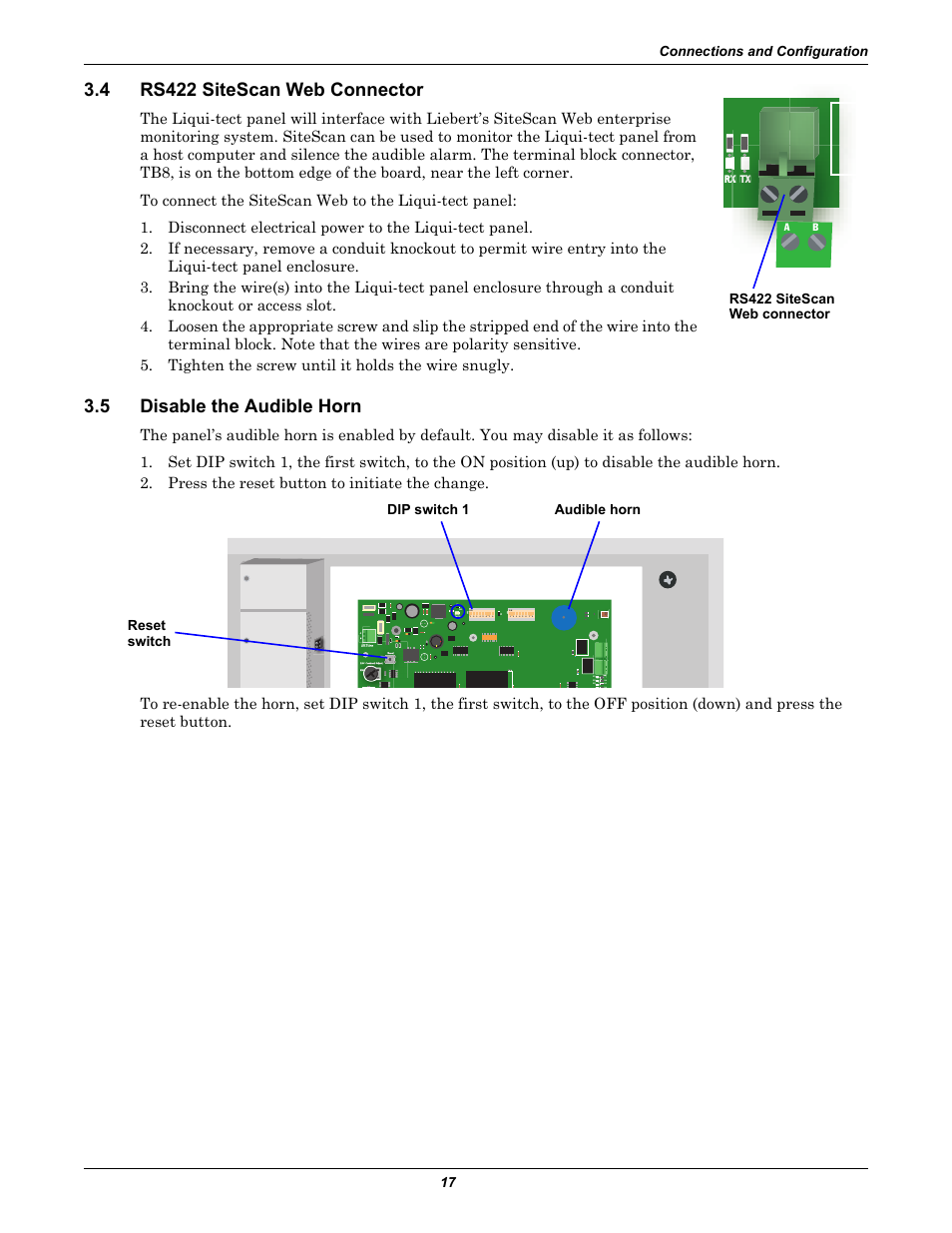 4 rs422 sitescan web connector, 5 disable the audible horn, Rs422 sitescan web connector | Disable the audible horn | Emerson Liqui-tect MC68HC16Z1 User Manual | Page 21 / 48