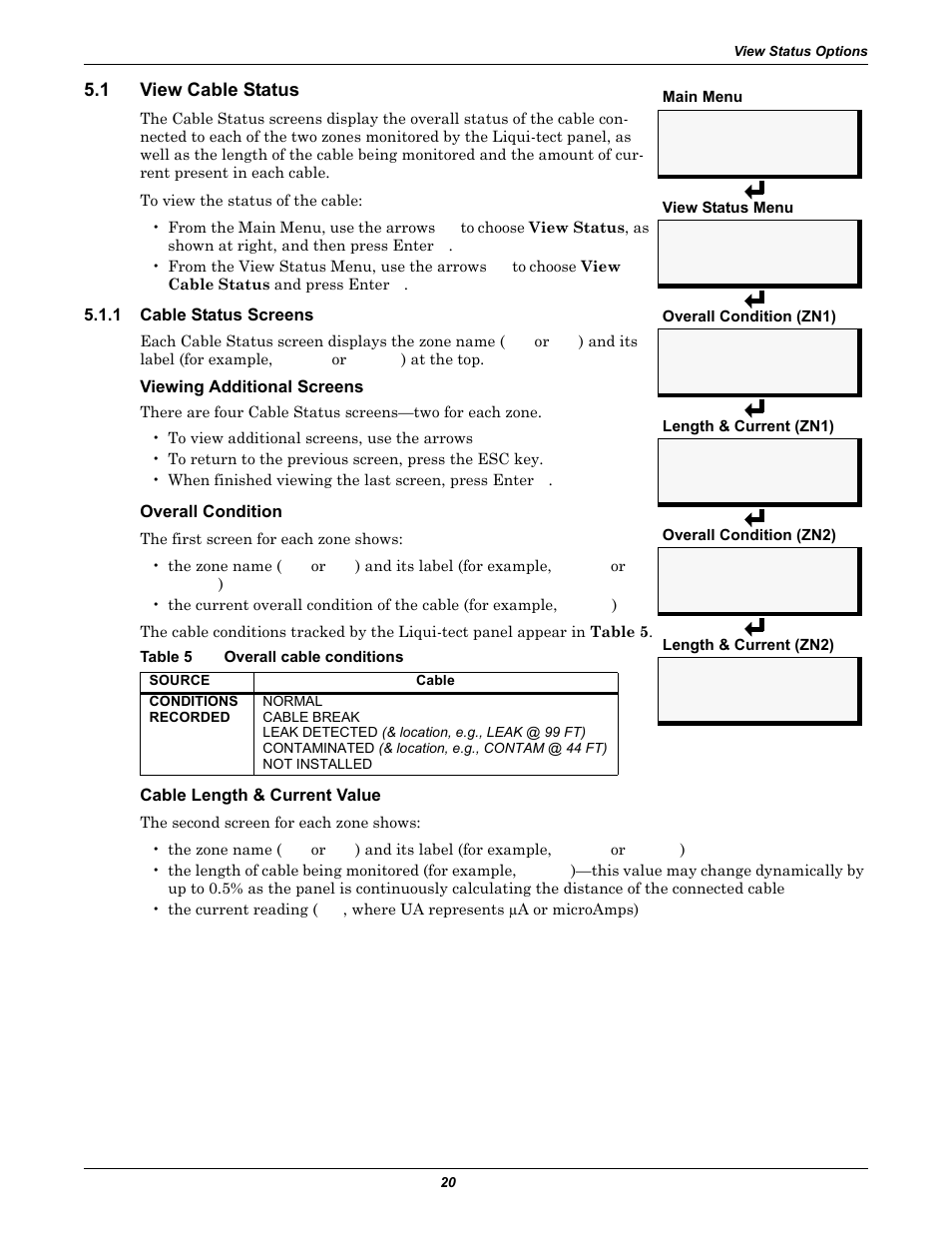 1 view cable status, 1 cable status screens, Viewing additional screens | Overall condition, Table 5 overall cable conditions, Cable length & current value, View cable status, Cable status screens, Table 5, Overall cable conditions | Emerson Liqui-tect MC68HC16Z1 User Manual | Page 24 / 48
