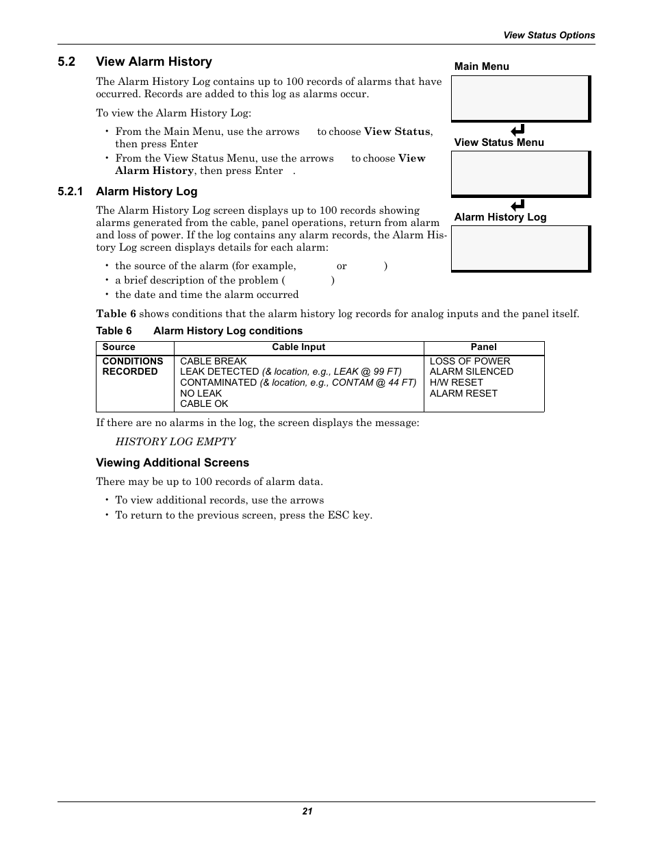 2 view alarm history, 1 alarm history log, Table 6 alarm history log conditions | Viewing additional screens, View alarm history, Alarm history log, Table 6, Alarm history log conditions | Emerson Liqui-tect MC68HC16Z1 User Manual | Page 25 / 48