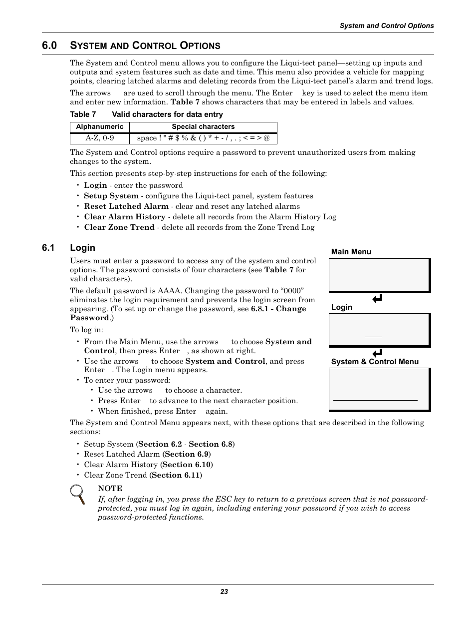 0 system and control options, Table 7 valid characters for data entry, 1 login | Ystem, Ontrol, Ptions, Login, Table 7, Valid characters for data entry | Emerson Liqui-tect MC68HC16Z1 User Manual | Page 27 / 48