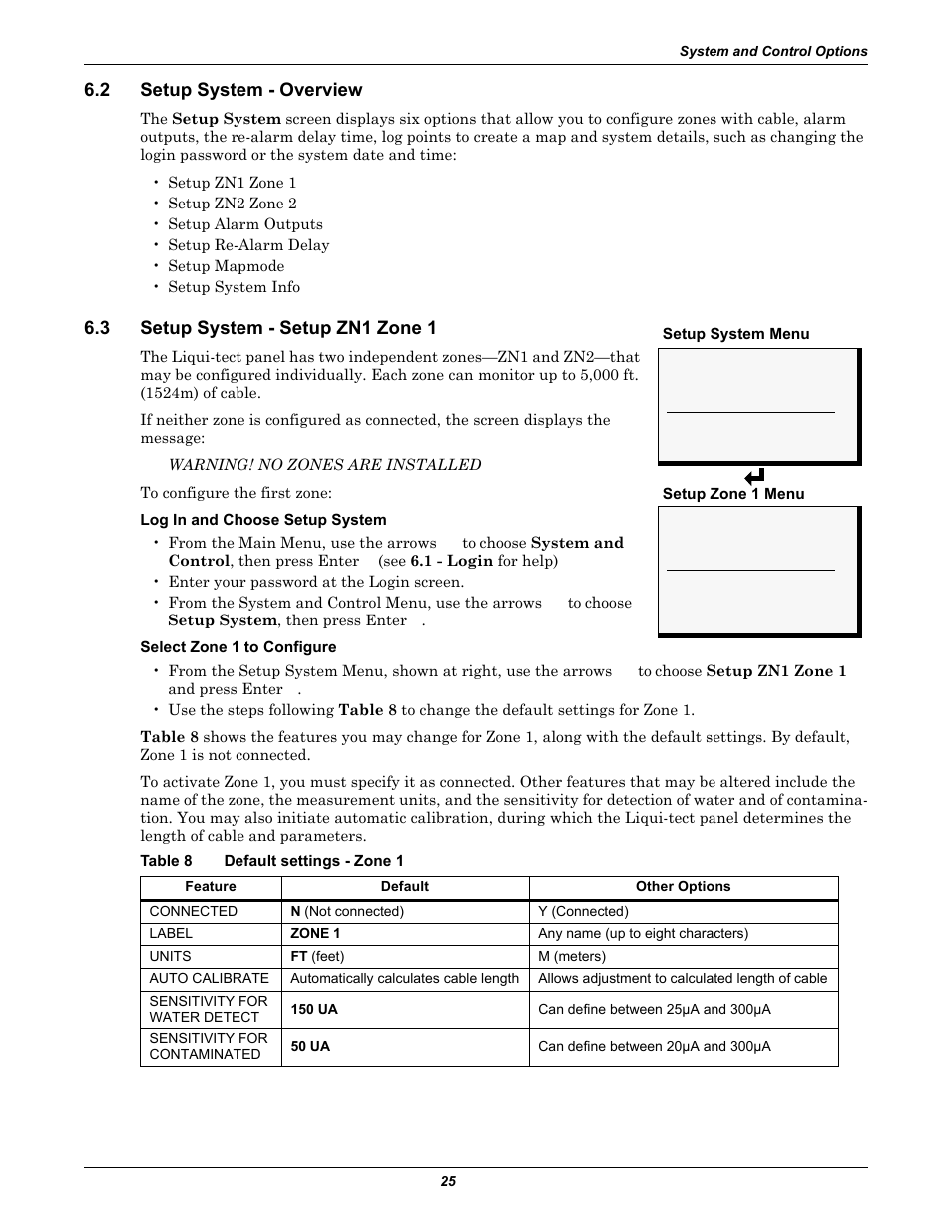 2 setup system - overview, 3 setup system - setup zn1 zone 1, Table 8 default settings - zone 1 | Setup system - overview, Setup system - setup zn1 zone 1, Table 8, Default settings - zone 1, Etup system ( section 6.2 | Emerson Liqui-tect MC68HC16Z1 User Manual | Page 29 / 48