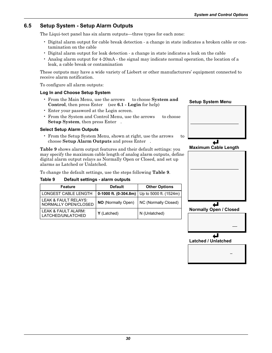 5 setup system - setup alarm outputs, Table 9 default settings - alarm outputs, Setup system - setup alarm outputs | Table 9, Default settings - alarm outputs | Emerson Liqui-tect MC68HC16Z1 User Manual | Page 34 / 48