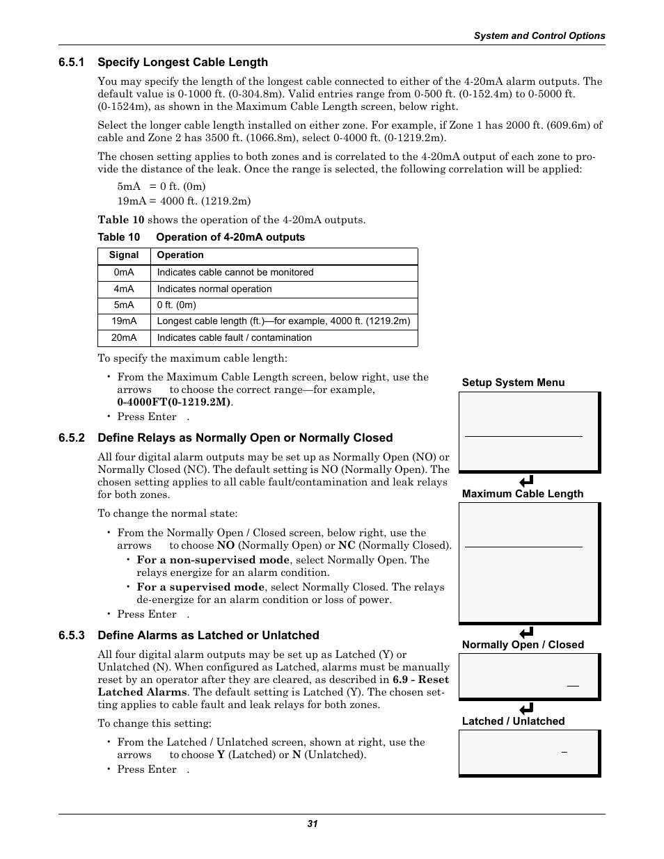 1 specify longest cable length, Table 10 operation of 420ma outputs, 3 define alarms as latched or unlatched | Specify longest cable length, Define relays as normally open or normally closed, Define alarms as latched or unlatched, Table 10, Operation of 4-20ma outputs | Emerson Liqui-tect MC68HC16Z1 User Manual | Page 35 / 48