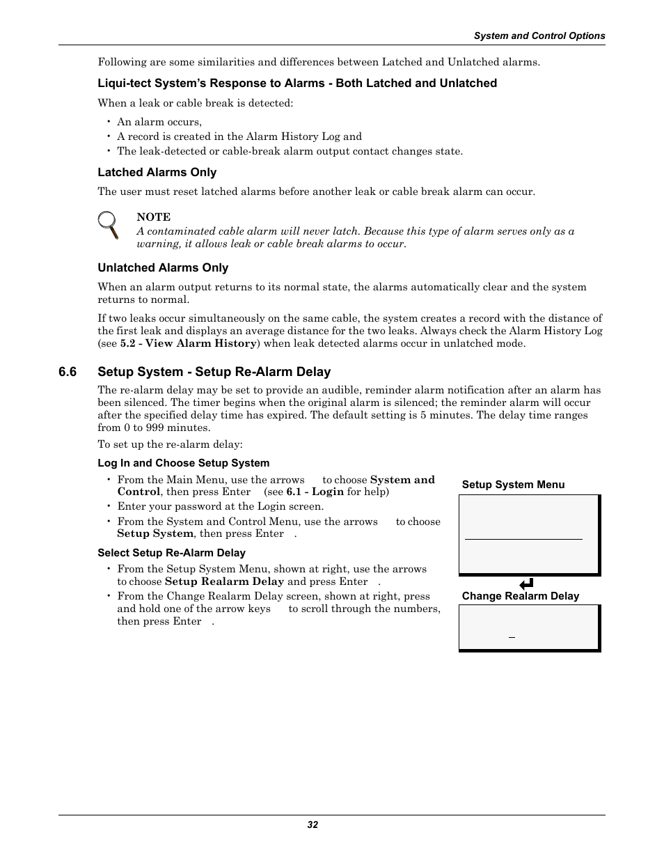 Latched alarms only, Unlatched alarms only, 6 setup system - setup re-alarm delay | Setup system - setup re-alarm delay | Emerson Liqui-tect MC68HC16Z1 User Manual | Page 36 / 48