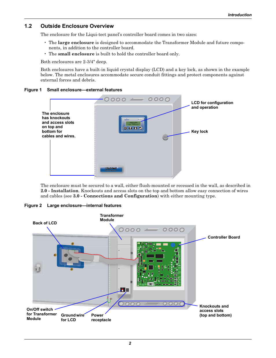 2 outside enclosure overview, Figure 1 small enclosure—external features, Figure 2 large enclosure—internal features | Outside enclosure overview, Small enclosure—external features, Figure 2, Large enclosure—internal features | Emerson Liqui-tect MC68HC16Z1 User Manual | Page 6 / 48
