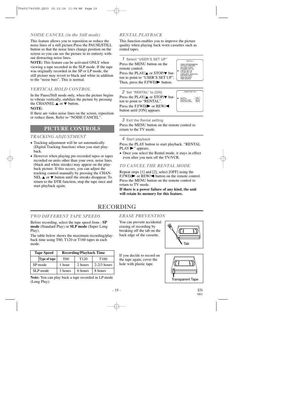 Recording, Picture controls | Emerson EWC1903 User Manual | Page 19 / 32