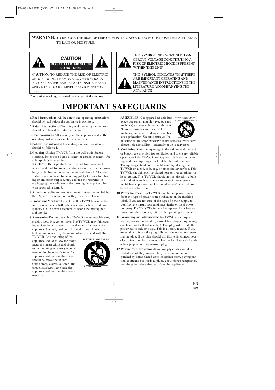 Important safeguards, Warning, Caution | Emerson EWC1903 User Manual | Page 2 / 32