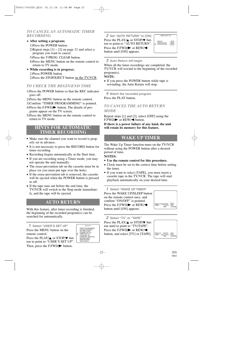 Hints for automatic timer recording, Auto return, Wake up timer | Emerson EWC1903 User Manual | Page 23 / 32