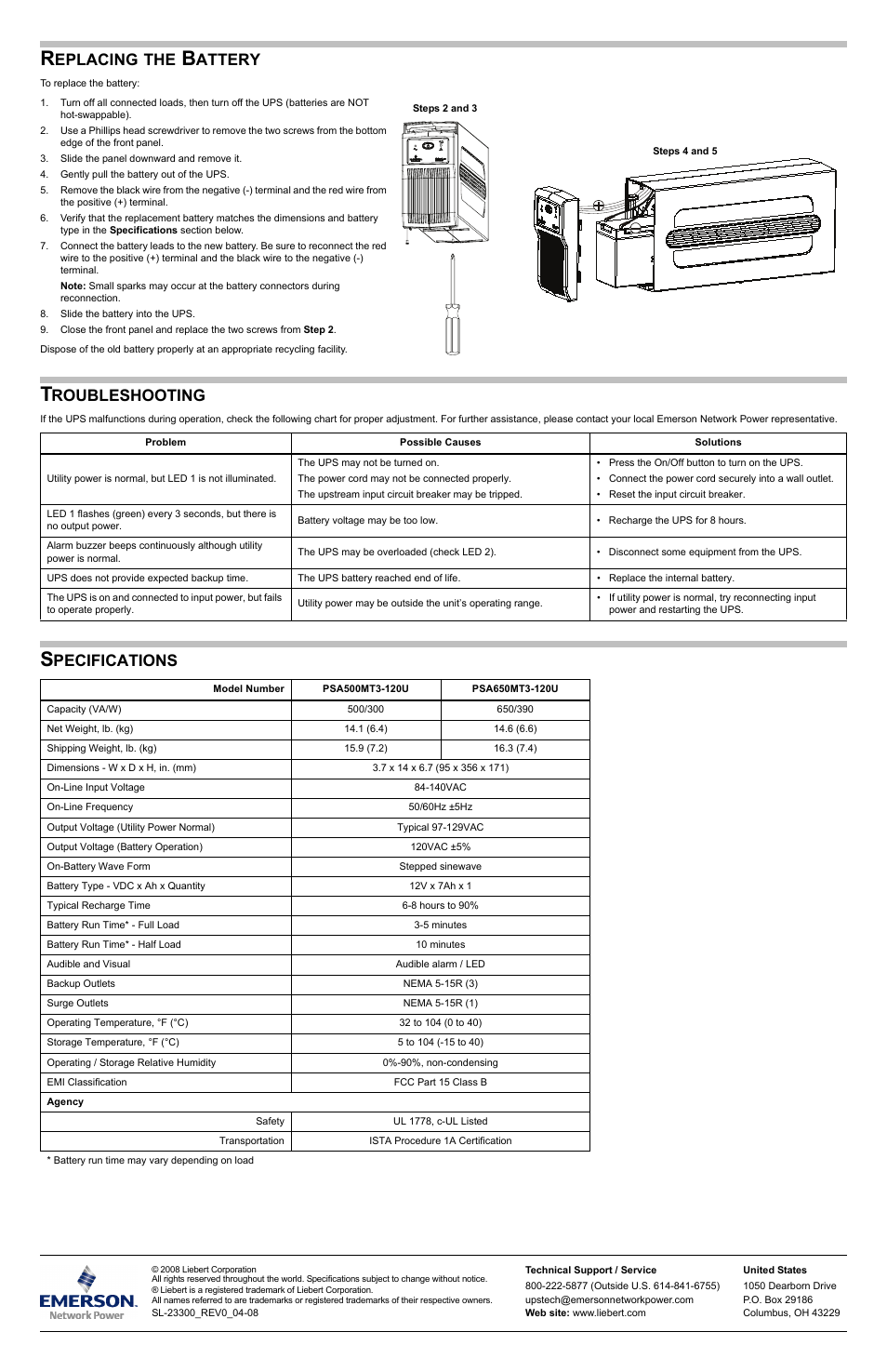 Replacing the battery, Troubleshooting, Specifications | Eplacing, Attery, Roubleshooting, Pecifications | Emerson 650VA User Manual | Page 2 / 2