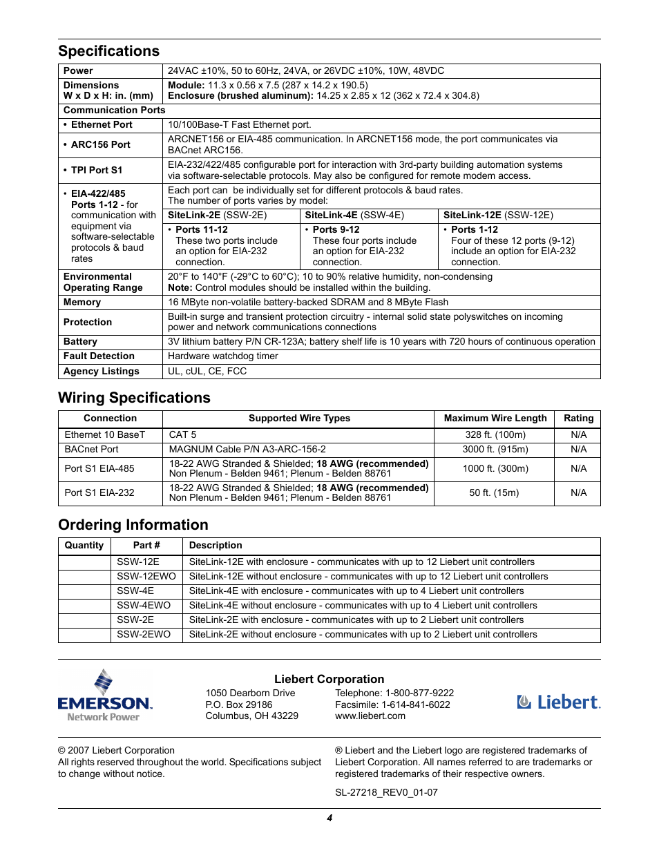 Specifications, Wiring specifications, Ordering information | Emerson SiteLink-2E User Manual | Page 4 / 4