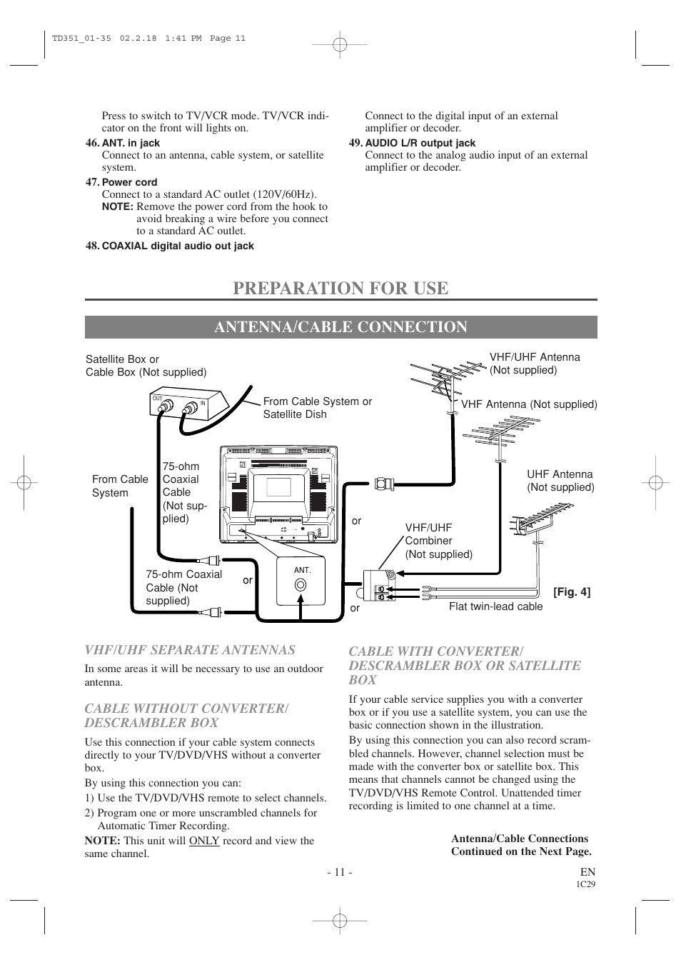 Preparation for use, Antenna/cable connection, Cable without converter/ descrambler box | Vhf/uhf separate antennas | Emerson EWC19T1 User Manual | Page 11 / 64