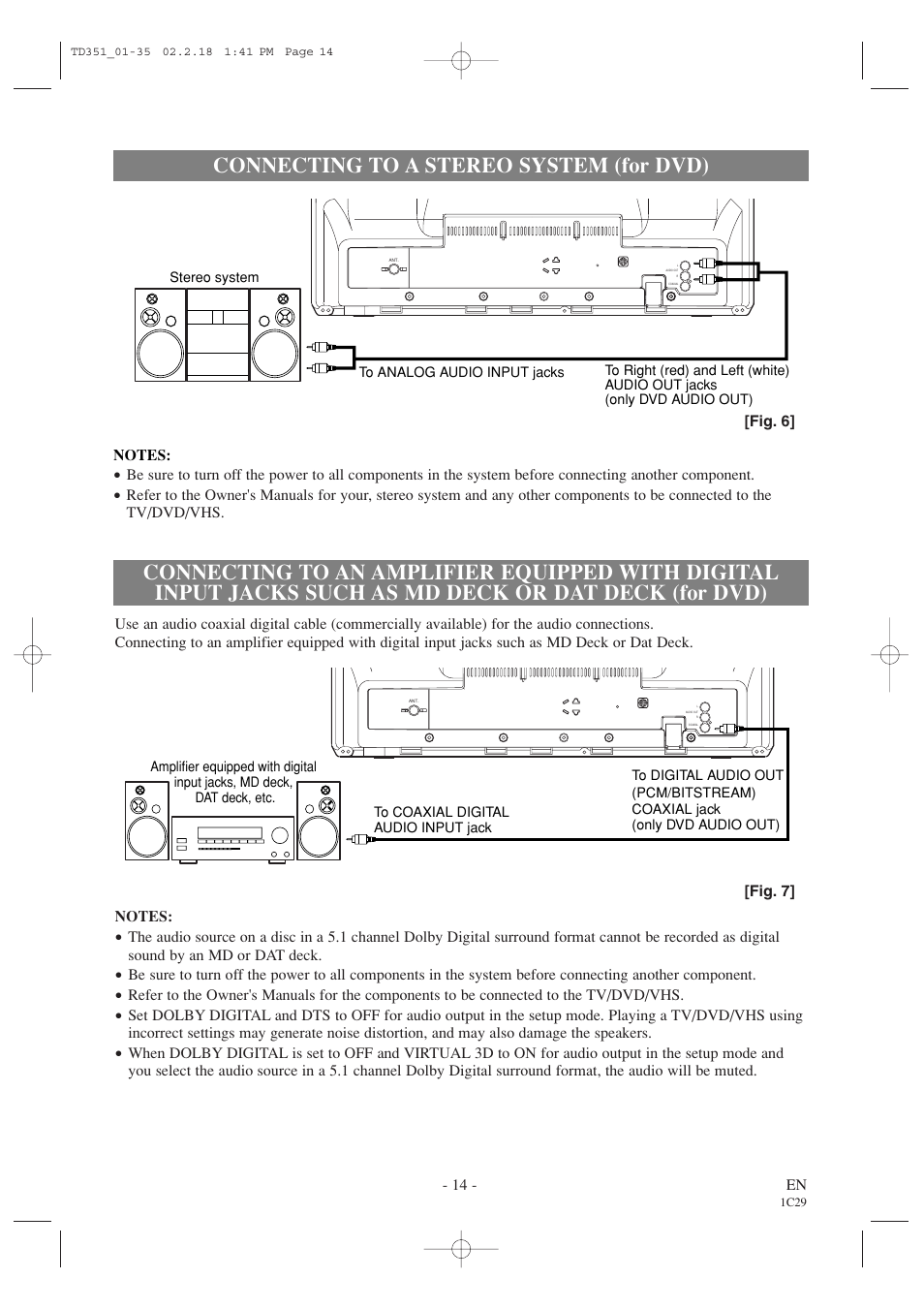 Connecting to a stereo system (for dvd) | Emerson EWC19T1 User Manual | Page 14 / 64