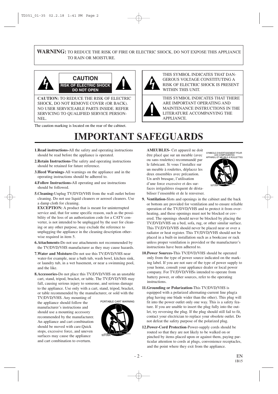 Important safeguards, Warning, Caution | Emerson EWC19T1 User Manual | Page 2 / 64