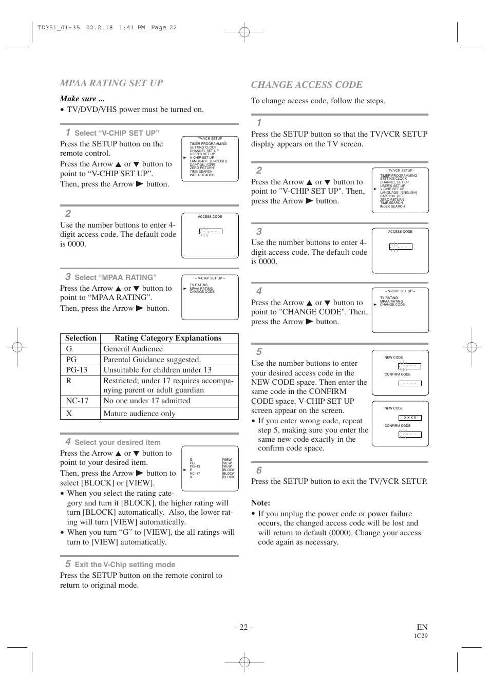 Mpaa rating set up, Change access code, 22 - en | Make sure, Tv/dvd/vhs power must be turned on | Emerson EWC19T1 User Manual | Page 22 / 64