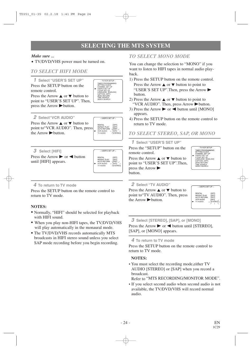 Selecting the mts system, 24 - en, Make sure | Tv/dvd/vhs power must be turned on, Press the arrow b or s button until [hifi] appears | Emerson EWC19T1 User Manual | Page 24 / 64